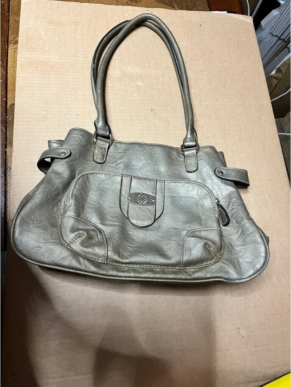 Vintage Chic Metallic Pewter Hobo Shoulder Bag Multi-Pocket Purse